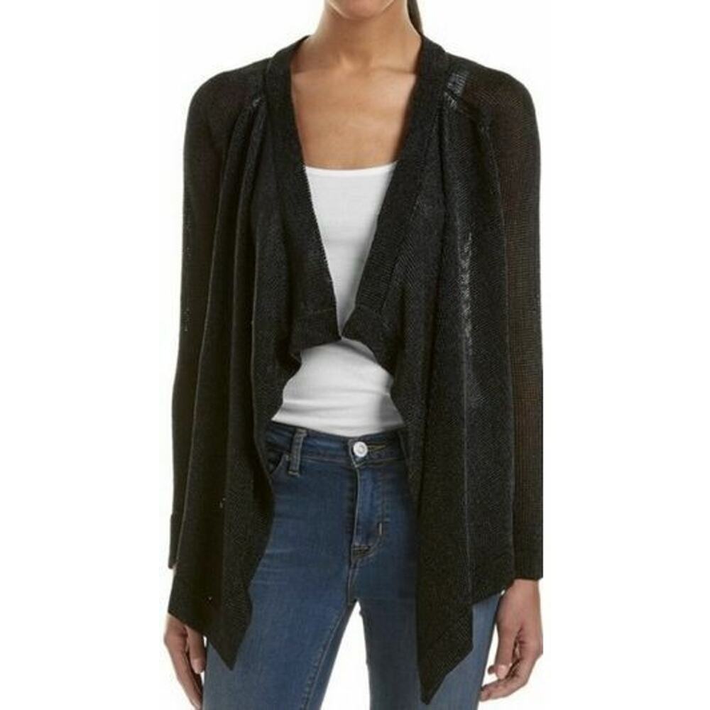 A6 Auth VINCE Black Metallic Thread Mesh Drape Open Front Topper Cardigan Sz XS